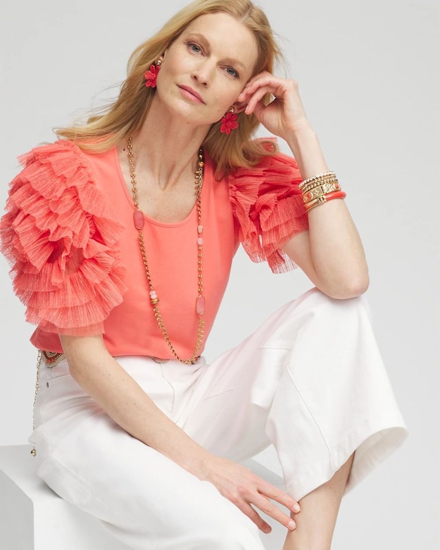 Pleated Tulle-Sleeve Top - image 2